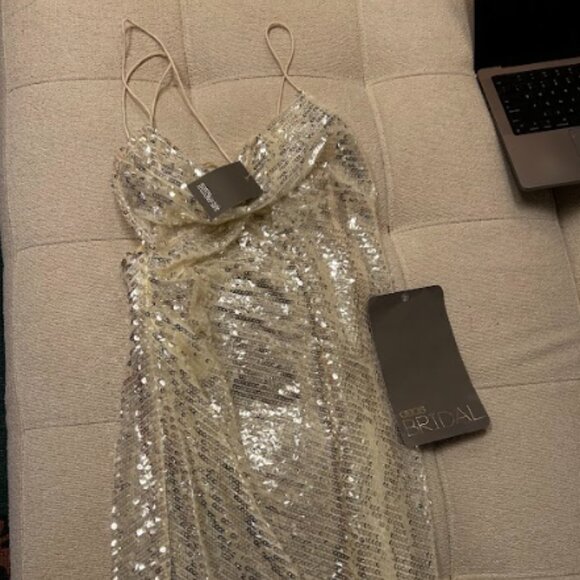 ASOS DESIGN bridal asymmetric bias draped cami midaxi dress in sheer sequin NWT - Picture 4 of 5